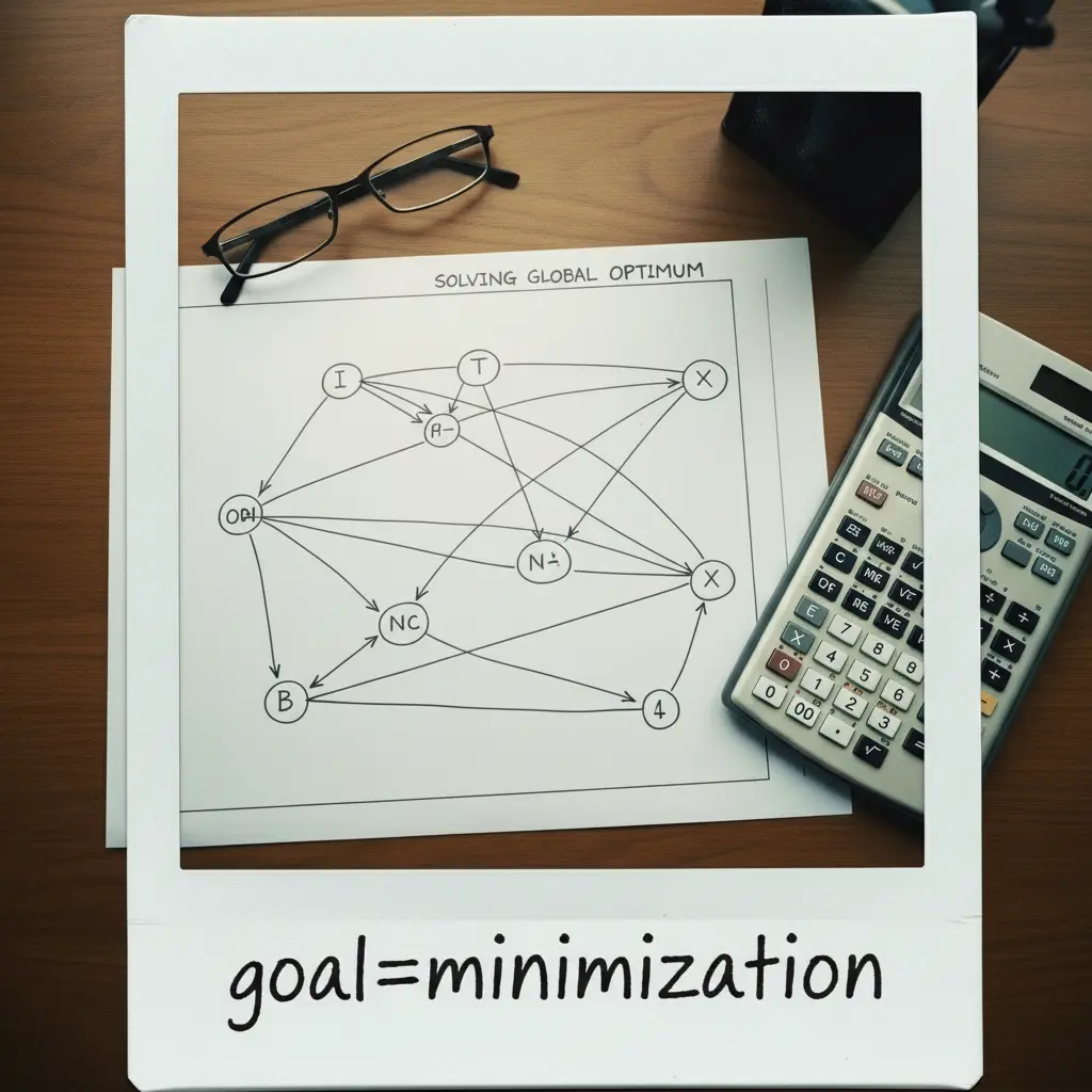 Mixed-Integer Programming optimization showing directed graph modeling of trip connections and global fleet optimization for empty kilometer reduction