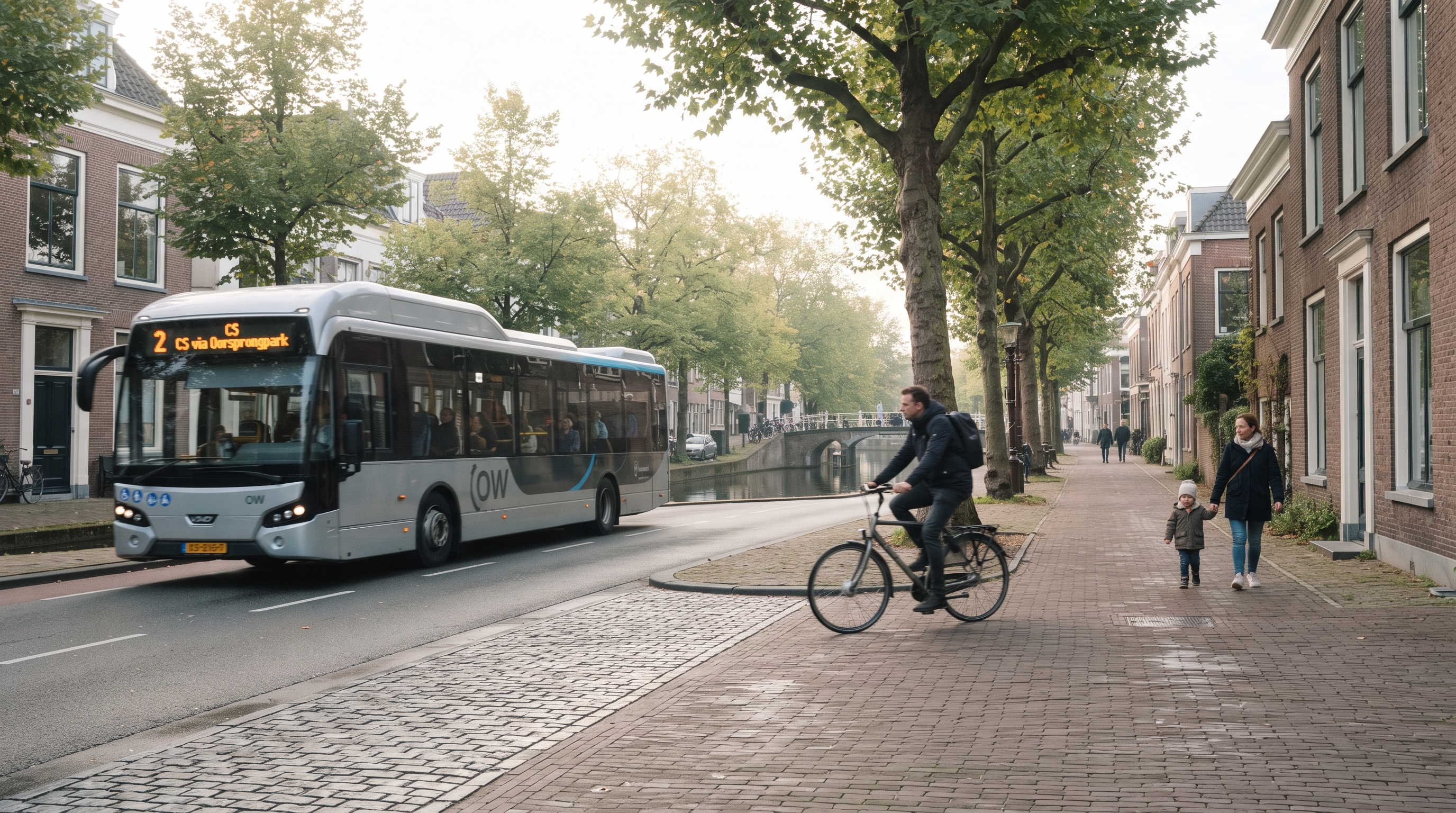 OW Optimize the World — sürdürülebilir hareketliliği gösteren elektrikli otobüs ve bisikletli